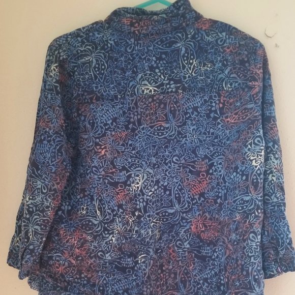 Medium Serengeti Tie Dye Navy Blue Batik Shirt Button Up Women's 3/4 Sleeve - Picture 1 of 3
